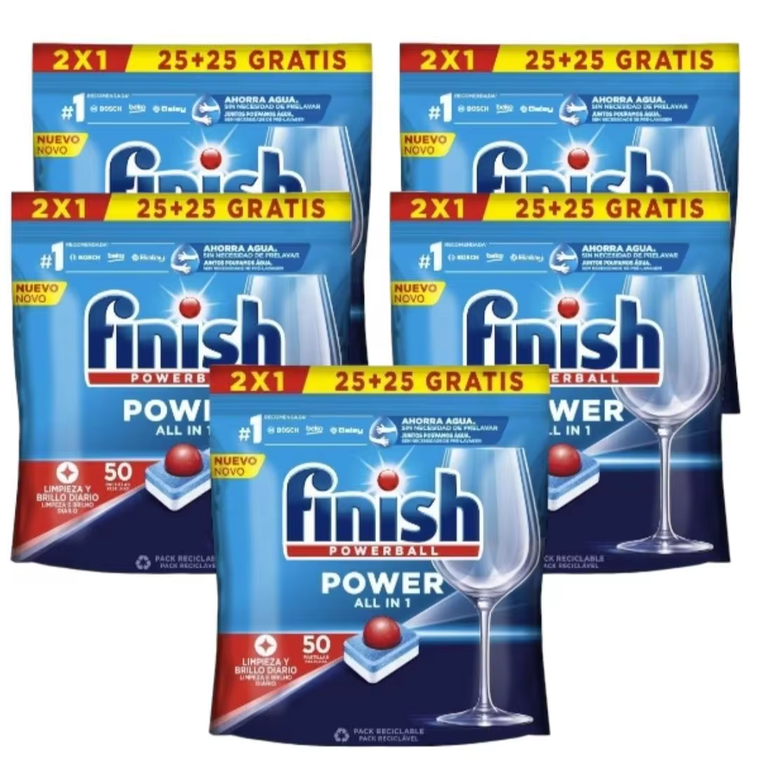 Multiple packs of Finish Power All in 1 dishwasher tablets on display
