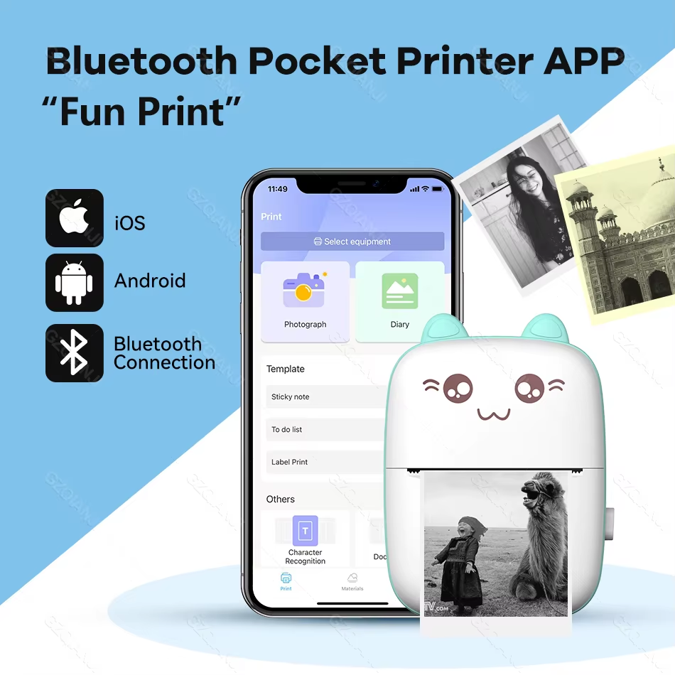 Smartphone app interface for Bluetooth mini printer showing printing options
