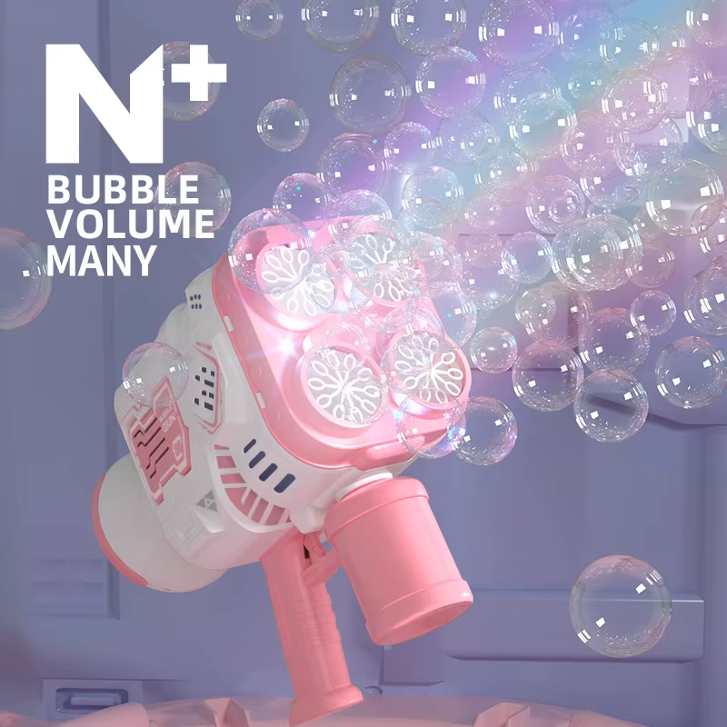 Child enjoying bubbles from automatic bubble gun outdoors
